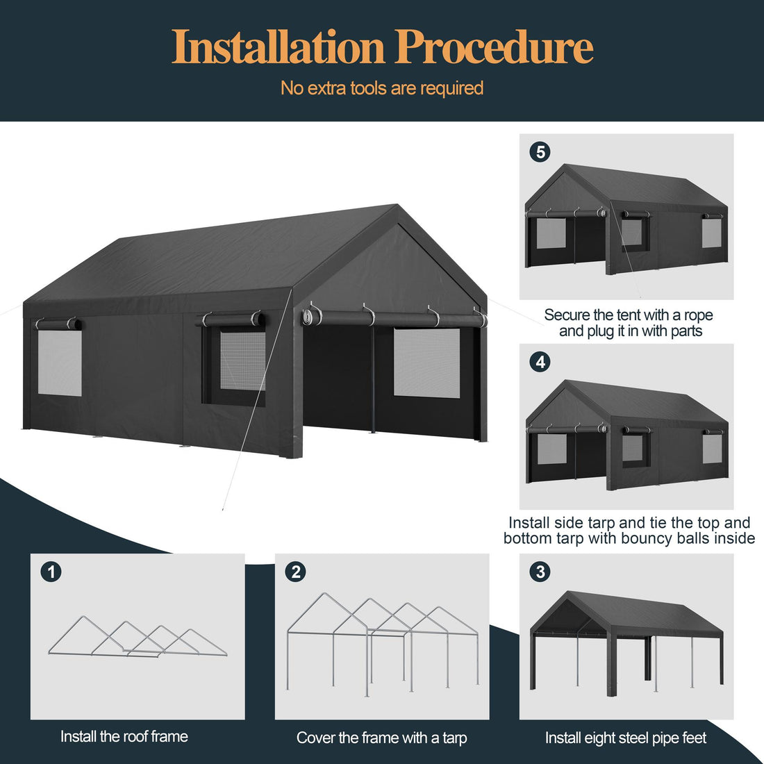 12×20ft Portable Carport Canopy – Heavy-Duty Garage Tent with Sidewalls & Ventilated Windows