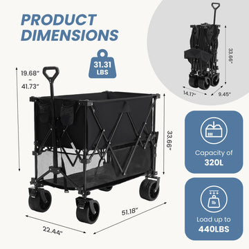 Outdoor Folding Wagon – Double-Decker Cart with Brakes, 440lbs Capacity & All-Terrain Wheels