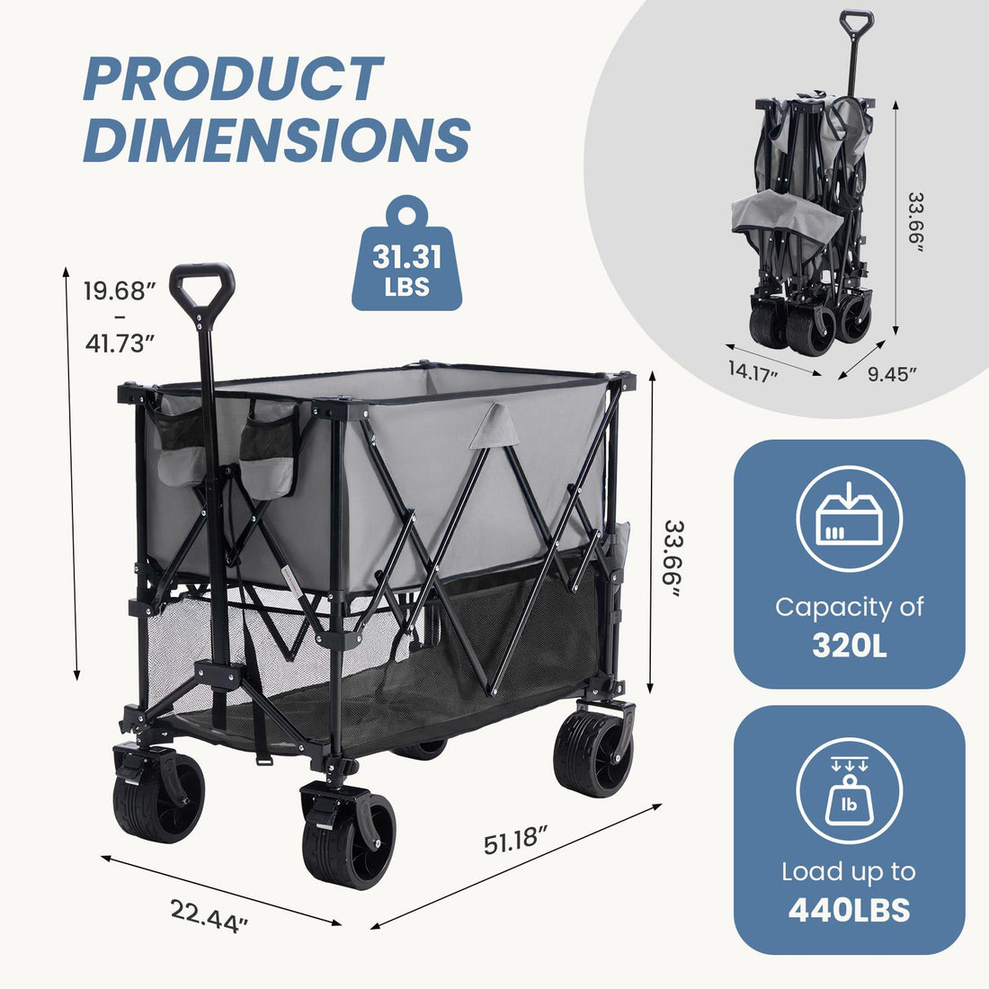 Outdoor Folding Wagon – Double-Decker Cart with Brakes, 440lbs Capacity & All-Terrain Wheels